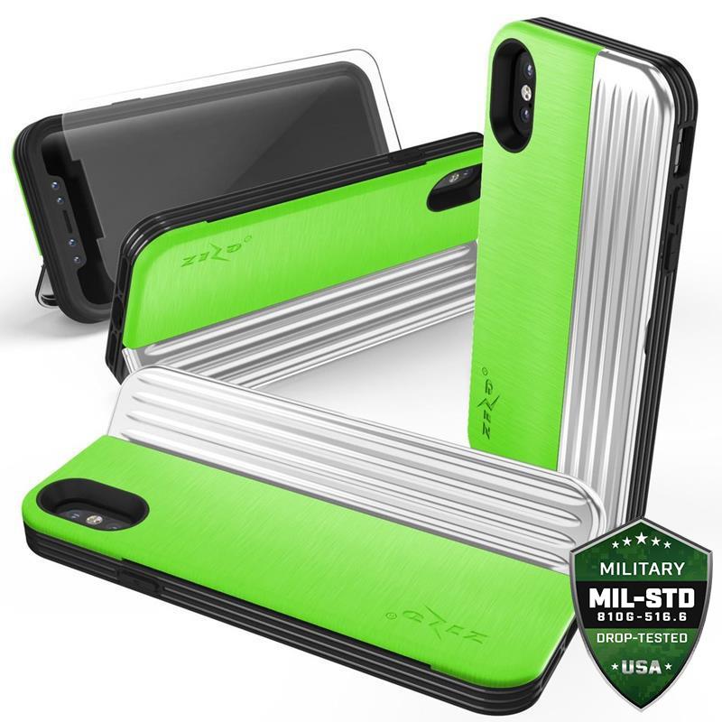 Zizo Retro Series - Wallet Back with Magnetic Closure and Built-In Kickstand iPhone Xs /X (Neon zaļš/sudrabs)