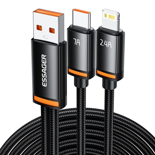 USB Kabelis Essager "Triple" 3in1 melns "USB / Type-C / Lightning" 100cm