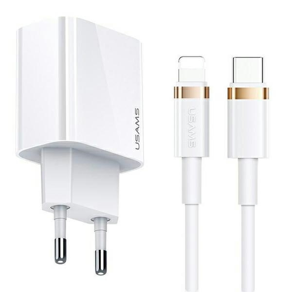 USAMS tīkla lādētājs 1XUSB-C T34 20W 5V-3A PD3.0 + kabelis U63 USB-C uz Lightning 20W balts T49OCLN01