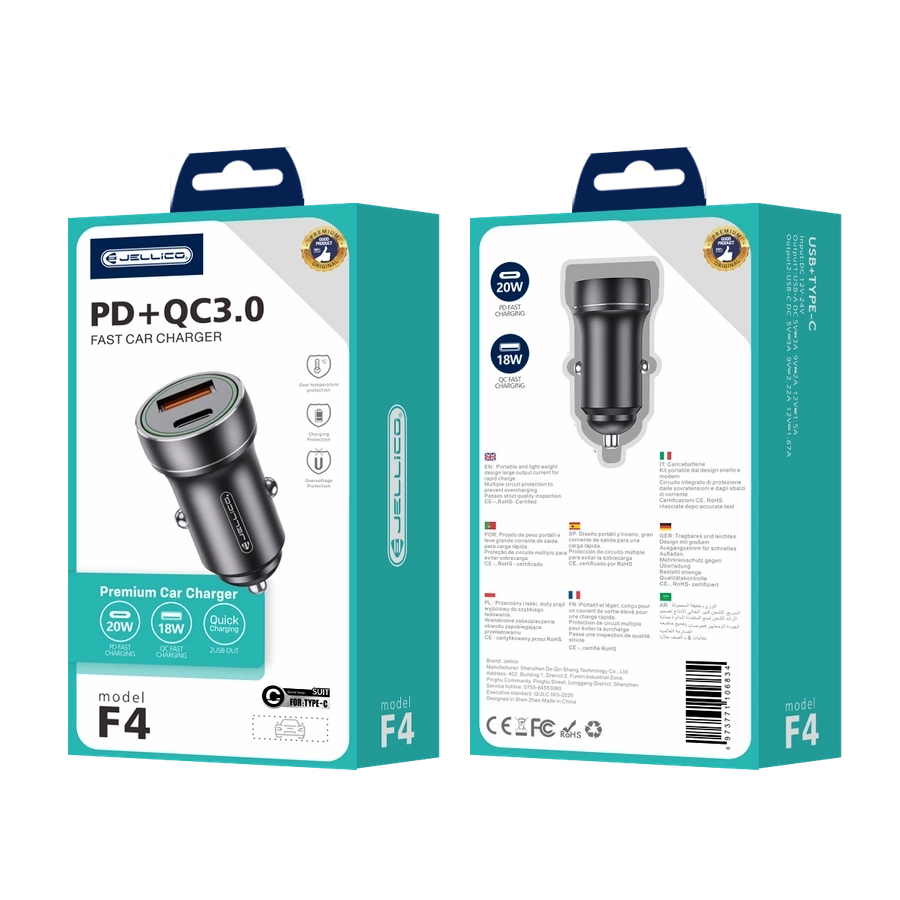 JELLICO auto lādētājs F4 PD 20W 1xUSB-C + 1xUSB QC3.0 + kabelis USB-C Melns
