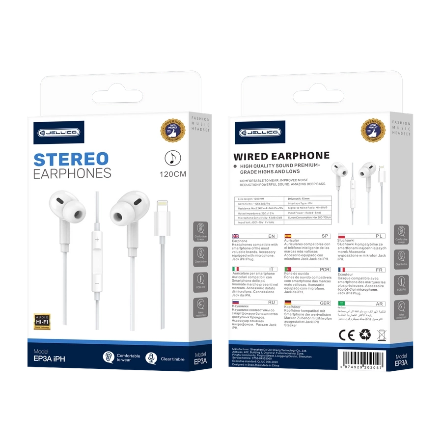 JELLICO vadu austiņas EP3A Lightning ar mikrofonu 1.2M Balts