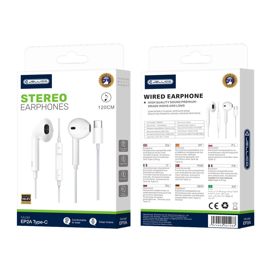 JELLICO vadu austiņas EP2A USB-C ar mikrofonu 1.2M Balts