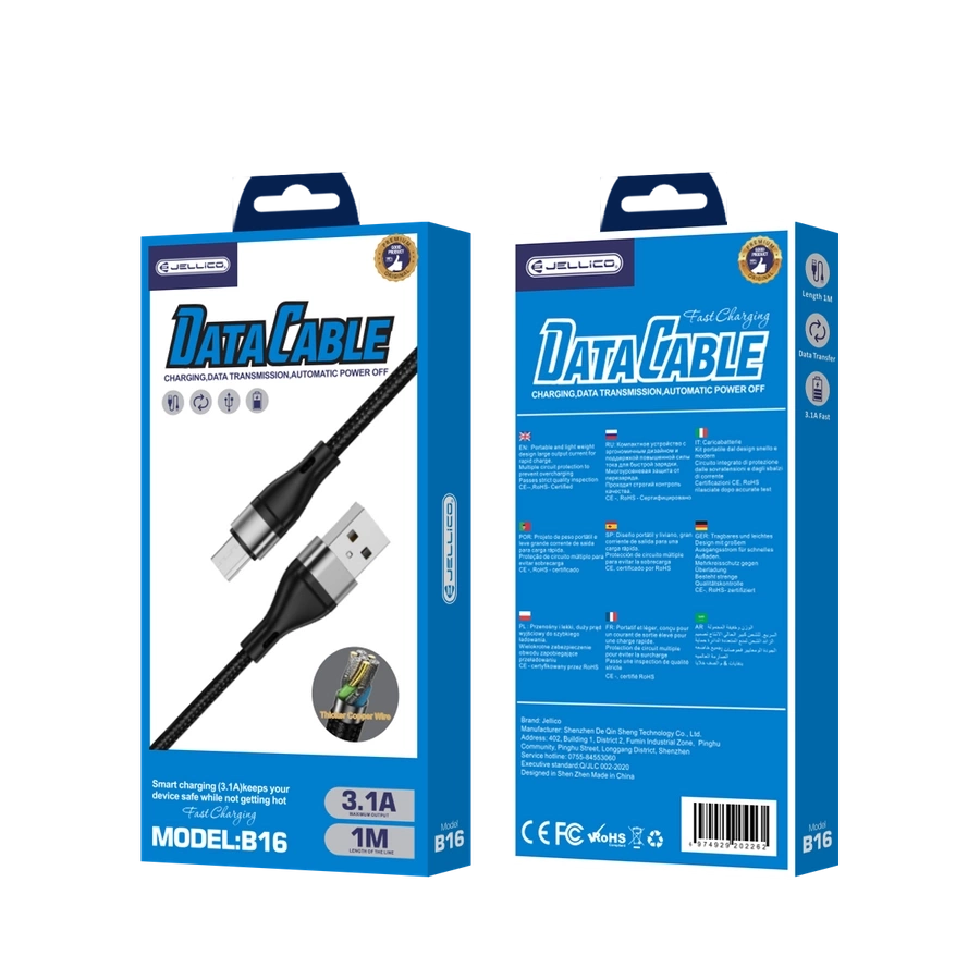 JELLICO kabelis B16 Micro USB 3.1A 1M Melns