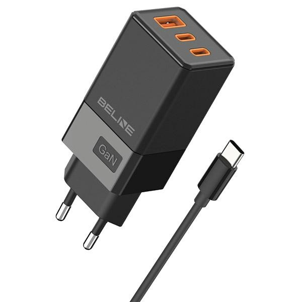 Beline Tīkla lādētājs 2x USB-C + 1x USB 65W + kabelis USB-C melns PD 3.0 + QC 3.0 BLN3CB65C GaN