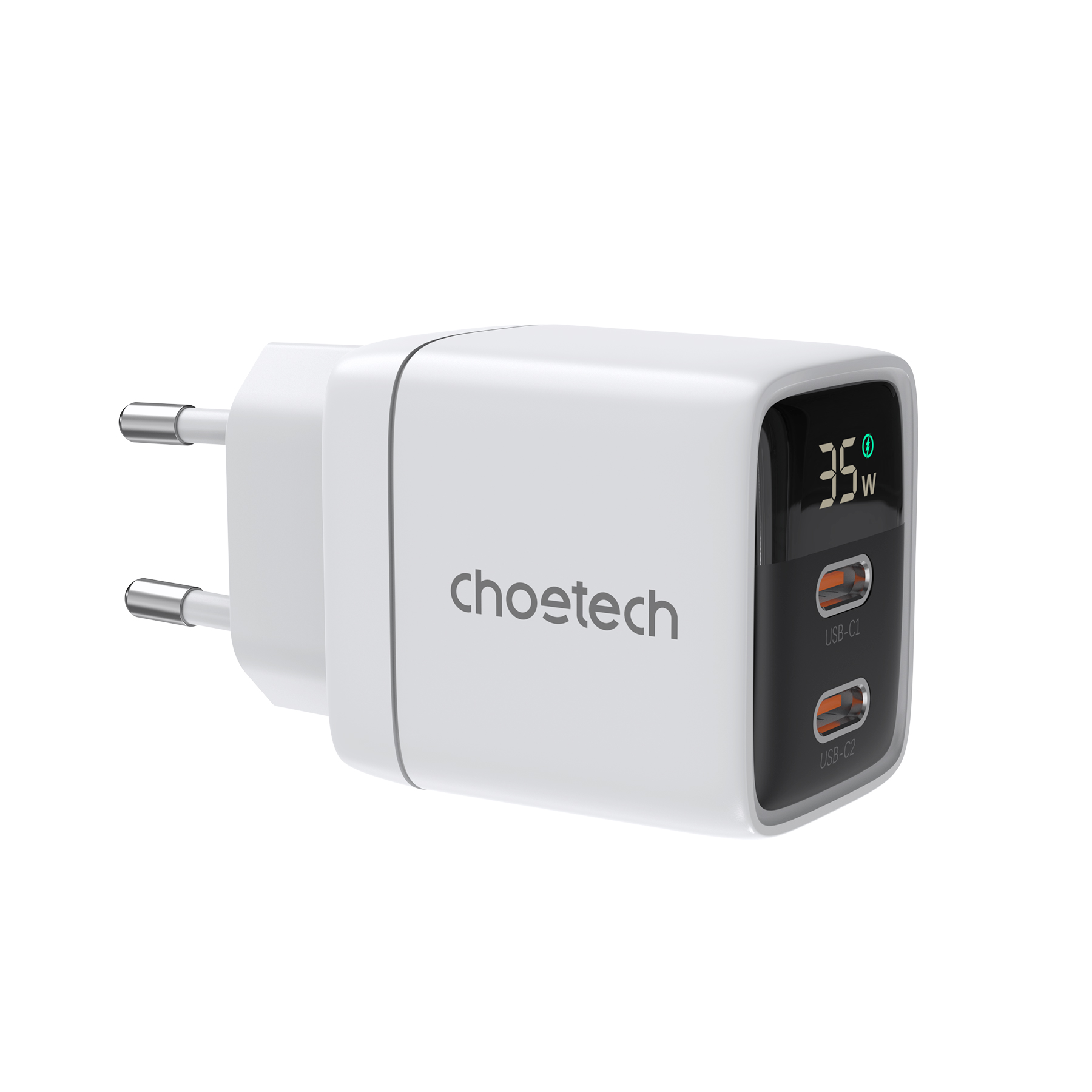 Choetech PD6051 2x USB-C PD 35W GaN sienas lādētājs ar ekrānu - balts