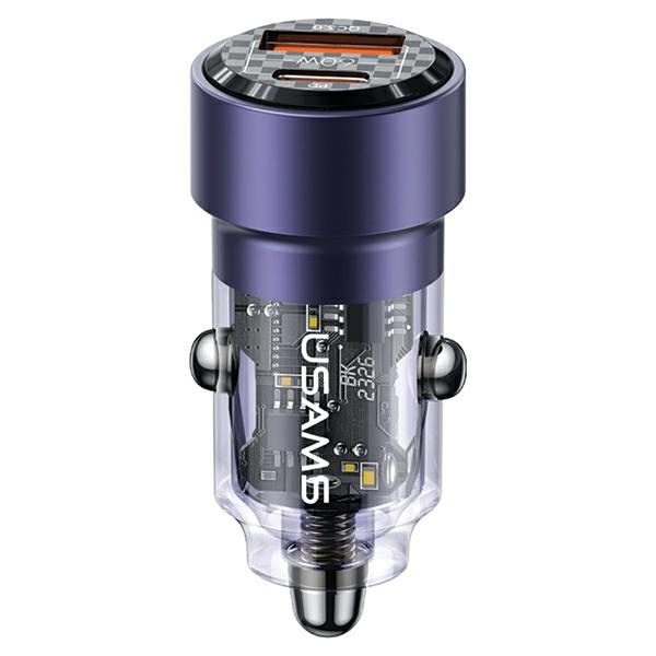 USAMS Auto lādētājs C39 USB+USB-C 60W Fast Charge violets CC208CC02 (US-CC208)