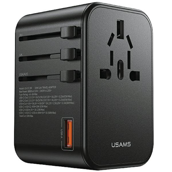 USAMS Tīkla adapteris 1xUSB+2xUSB-C T62 65W 4w1 US/AU/EU/UK melns CC199TC01 (US-CC199) Universāls ceļojumu lādētājs