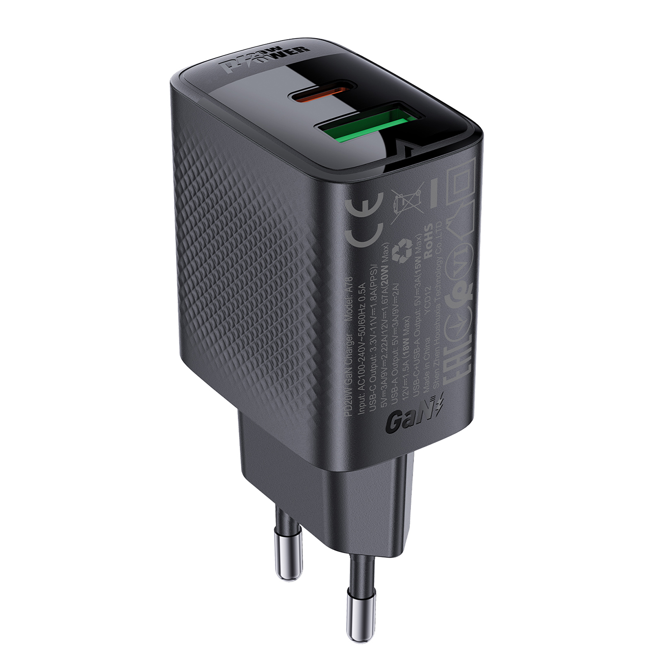 Acefast A78 lādētājs GaN USB-A / USB-C PD 20W - melns