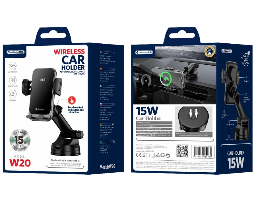 JELLICO auto turētājs ar bezvadu uzlādi W20 15W Melns
