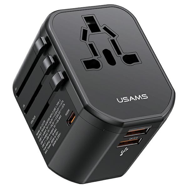 USAMS Adapter siec 2xUSB+1xUSB-C T59 20W 4w1 US/AU/EU/UK melns CC179TC01 (US-CC179) Universal Ceļojuma lādētājs