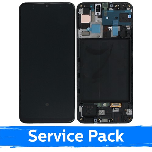 LCD Displejs Saderīgs ar Samsung A505 A50 Melns Ar Frame (Service Pack)