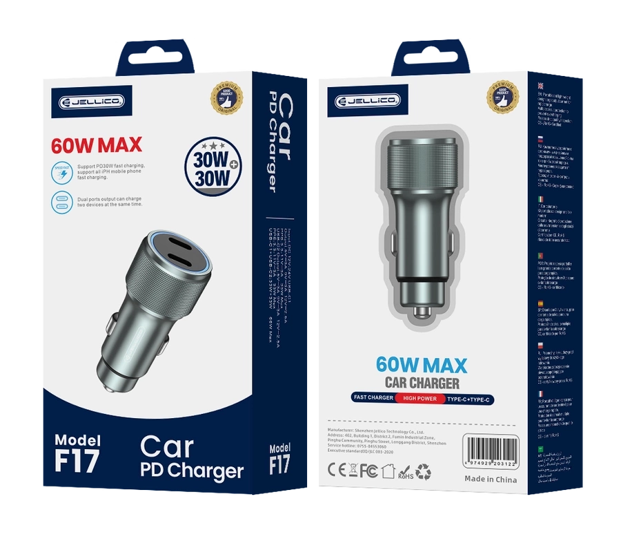 JELLICO auto lādētājs F17 PD 60W 2xUSB-C melns