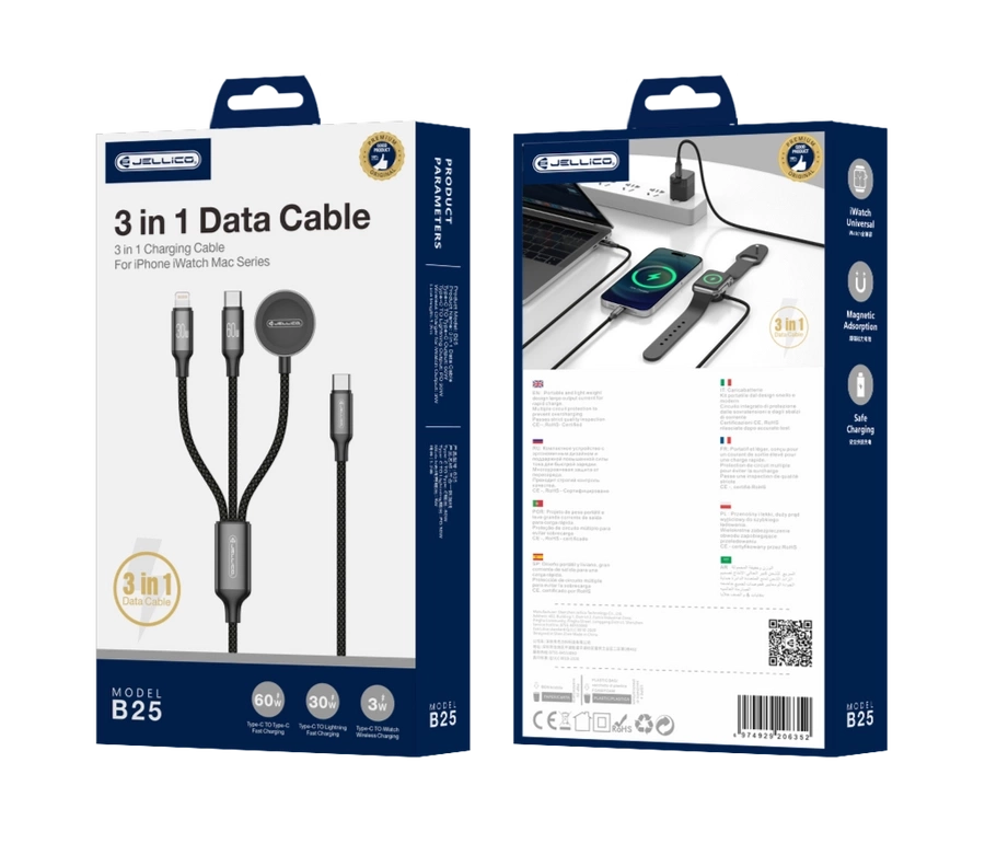 JELLICO kabelis B25 3w1 (Apple Watch) 3.1A 1.2M melns