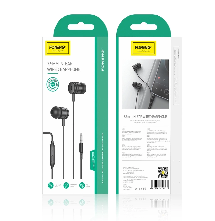 FONENG vadu austiņas EP200 JACK 3.5MM ar mikrofonu 1.2M melns