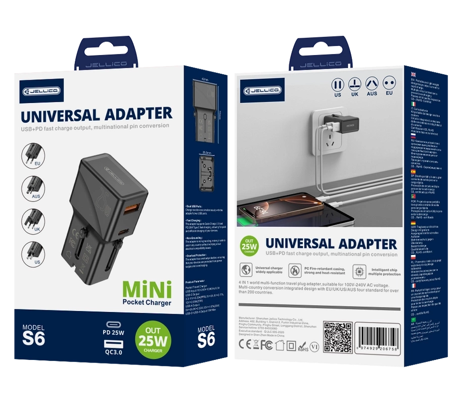 JELLICO universāls ceļojumu adapteris S6 PD 25W 1xUSB-C + 1xUSB QC3.0 melns