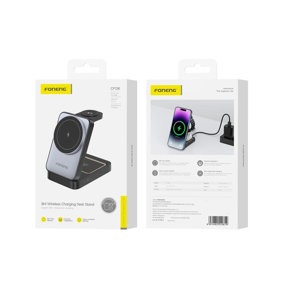 FONENG bezvadu 3in1 lādētājs CP126 15W melns