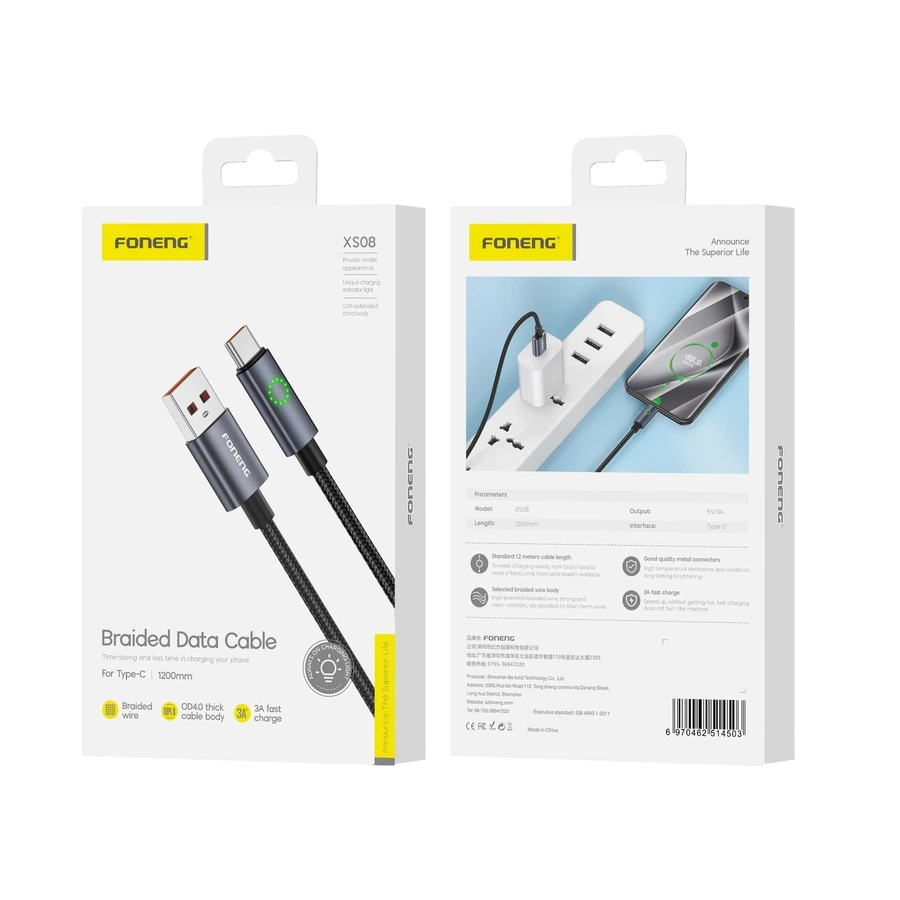 FONENG kabelis XS08 USB-C 3A 1.2M melns