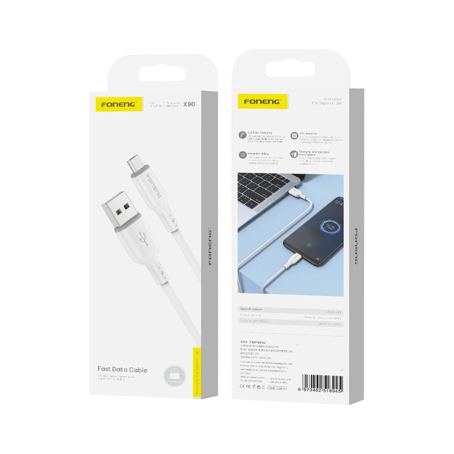 FONENG kabelis X90 Micro USB 2.1A 1M balts