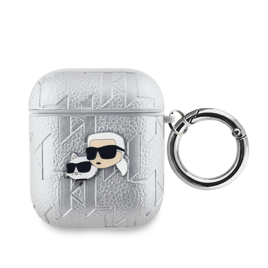 Karl Lagerfeld PU Embossed Karl and Choupette Heads maciņš AirPods 1/2 sudrabs