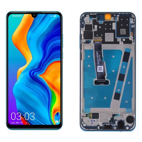 LCD Displejs Saderīgs ar Huawei P30 Lite ar frame / Pearl Balts / HQ