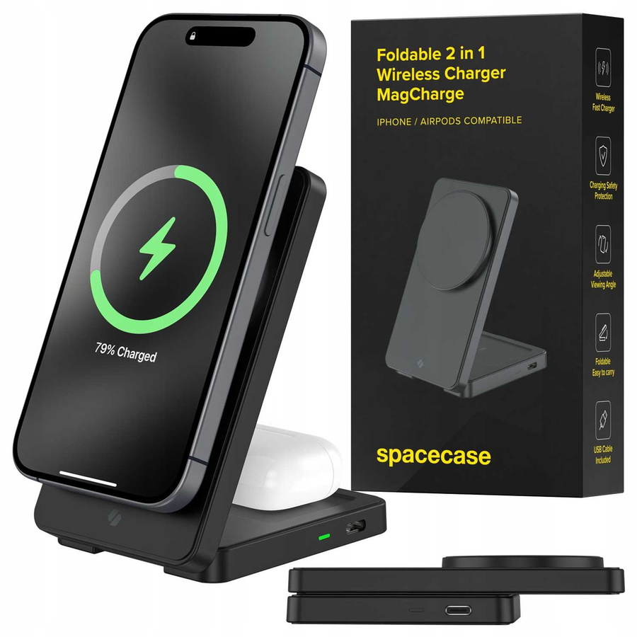 Spacecase Bezvadu lādētājs Wireless Charger 2in1 MagCharge WM5B melns
