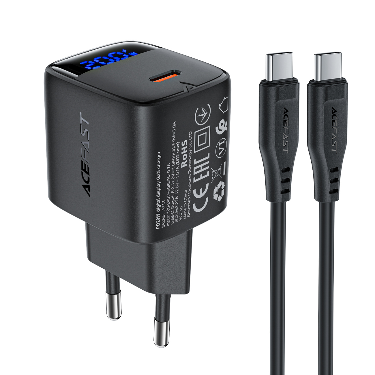 Acefast A113 GaN PD 20W USB-C tīkla lādētājs ar displeju un USB-C kabeli - melns