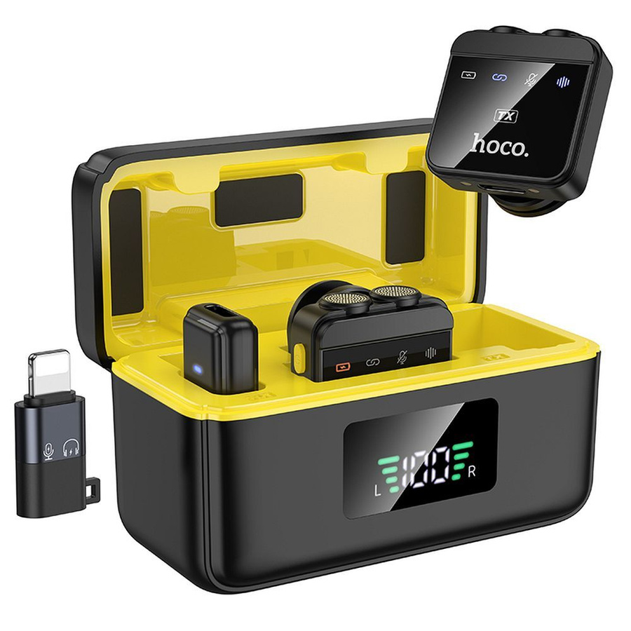 Bezvadu piespraudes mikrofons Lightning / USB C Hoco 2 gab. L17 melns