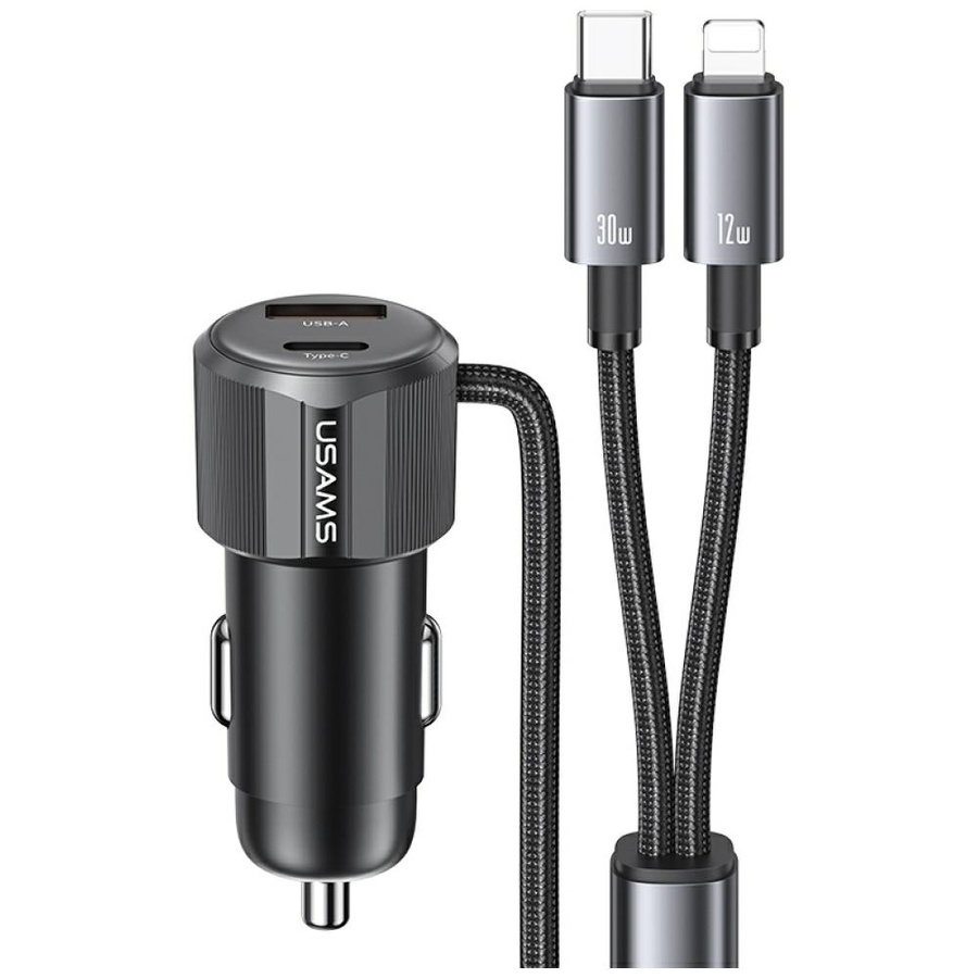 Auto lādētājs USAMS YT Series CC287 66W 1xUSB-A 1xUSB-C + kabel 2w1 USB-C/Lightning tarnish