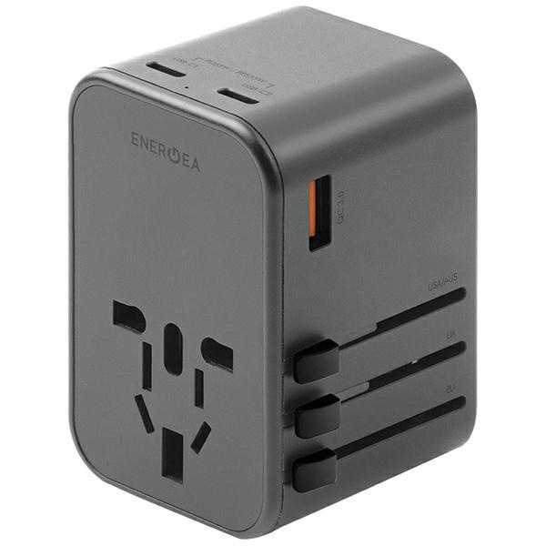 ENERGEA tīkla lādētājs 1xUSB+2xUSB-CPD-PPS-QC 3.0 65W 1A2C adapter 4w1 US/UA/EU/UK pelēks/gunmetal Travelworld Adapter GaN65W