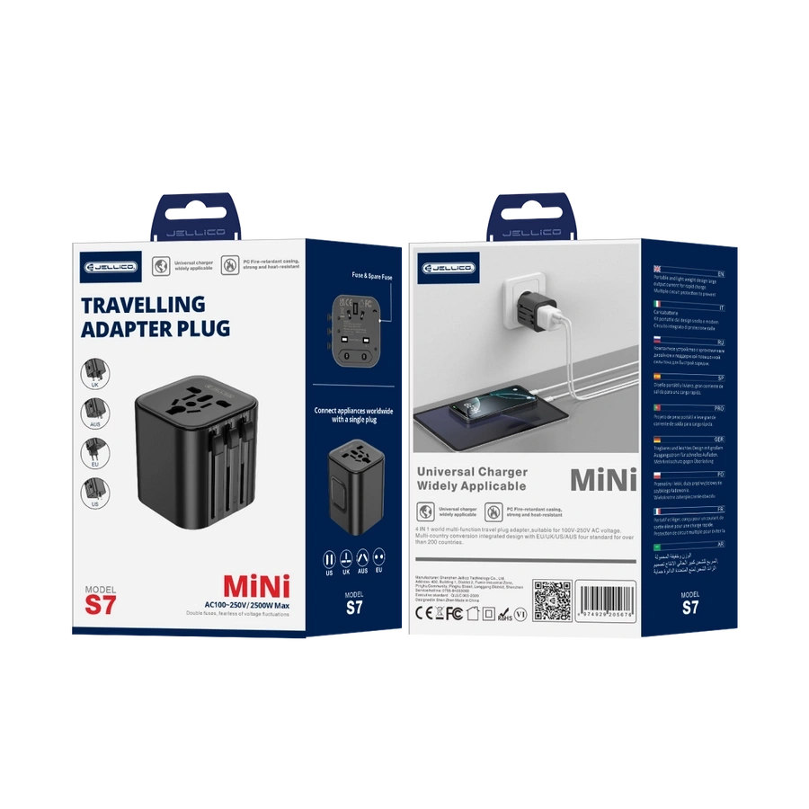 JELLICO universāls ceļojumu adapteris S7 Max 2500W melns