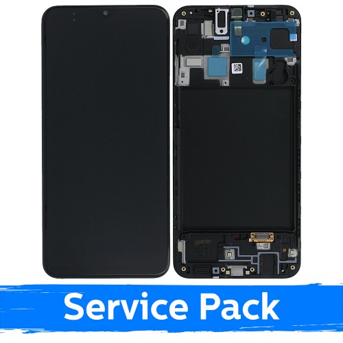 LCD Displejs Saderīgs ar Samsung A205 A20 / M107 M10s Melns Ar Frame (Service Pack)