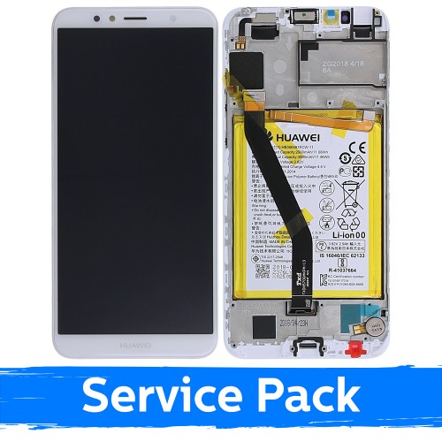 LCD Displejs Saderīgs ar Huawei Y6 2018 Balts Ar Frame (Service Pack)