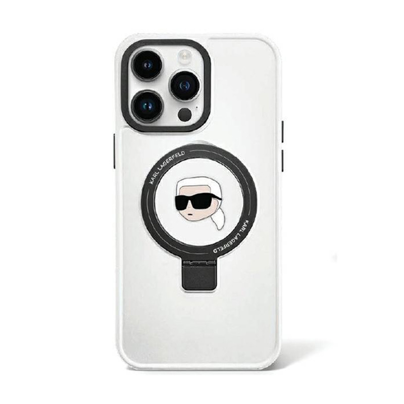 Karl Lagerfeld KLHMP15LHMRSKHH iPhone 15 Pro 6.1" balts/balts cietais apvalks ar gredzena statīvu Karl Head Magnētiskais