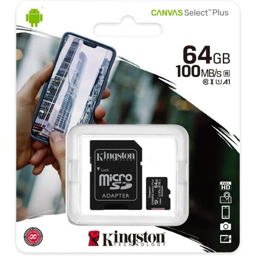 Atmiņas MicroSD Kingston "Select Plus" UHS-I U1 + adapteris / 64GB karte / 100% oriģināls