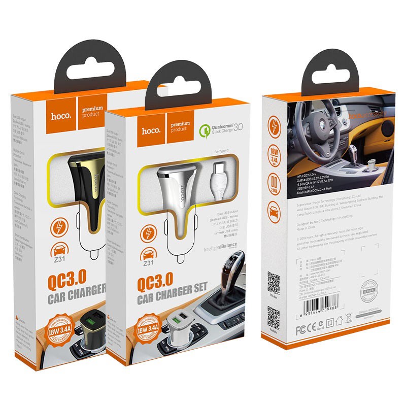 Auto lādētājs Hoco Z31 USB + "lightning" QuickCharge (3.0A) melns