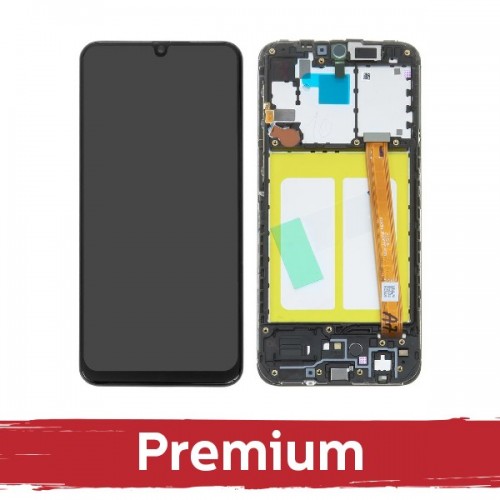 LCD displejs saderīgs ar Samsung A202 A20e melns ar rāmi OEM