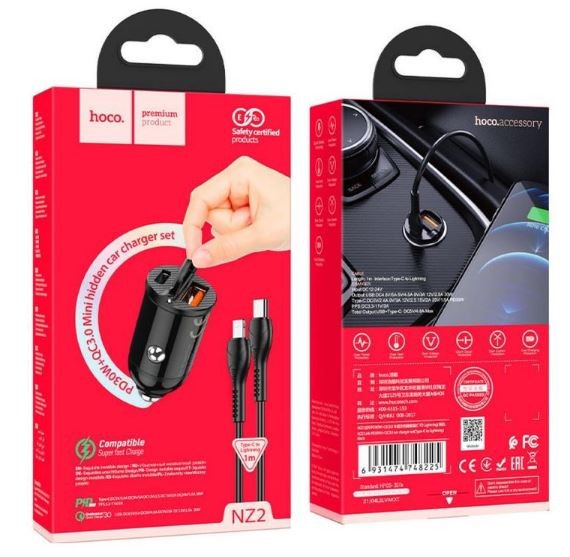 Auto lādētājs Hoco NZ2 (1xUSB;1xUSB-C; 30W) + kabelis "USB-C(Type-C) to Lightning" melns