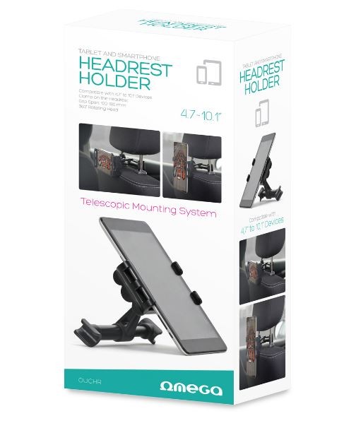 Universāls automašīnas telefona turētājs OMEGA (4.7"-10.1") stiprināms aizmugurējā galvas balstā