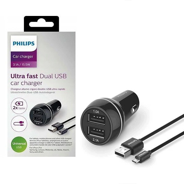 Auto lādētājs Philips (2xUSB 3.1A) melns