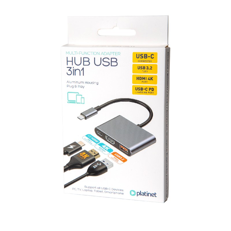 USB-C SADALĪTĀJS Platinet 3in1 (PMH9991T) (1xHDMI 4K; 1xUSB-C; 1xUSB 3.2)