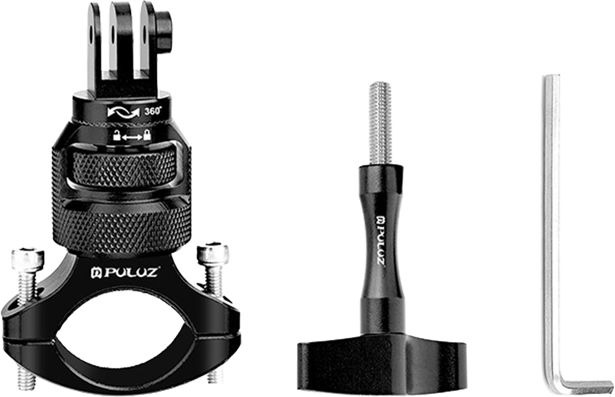 Alumīnija 360° PULUZ stūres stiprinājums sporta kamerām (melns)