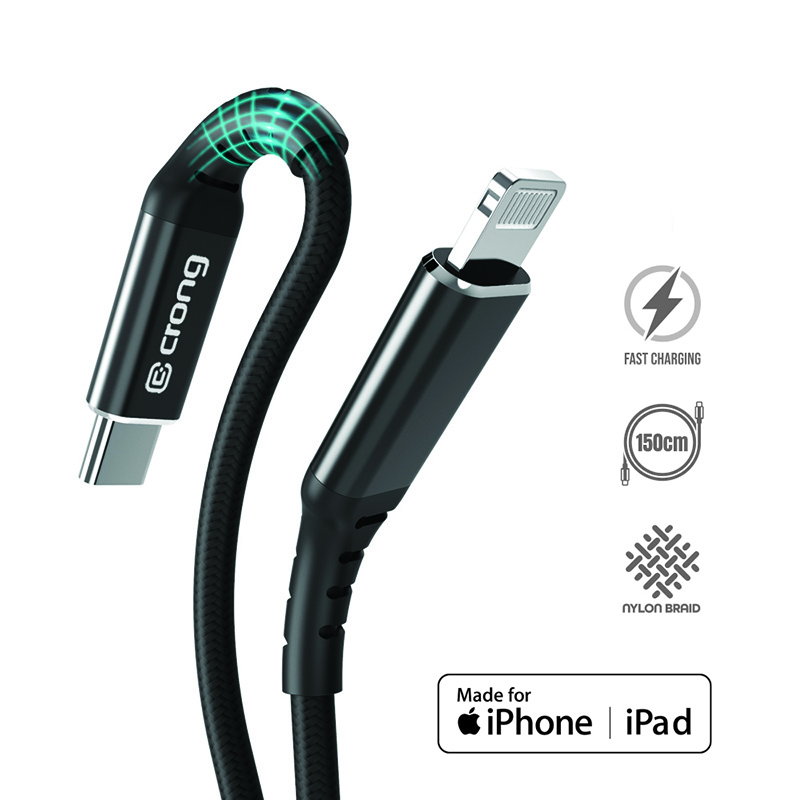 Crong Armor Link - USB-C Lightning Fast Charging MFi kabelis 150cm (melns)
