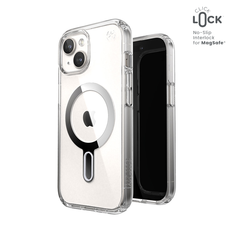 Speck Presidio Perfect-Clear ClickLock & MagSafe - iPhone 17e / 16e / 15 / 14 / 13 maciņš (Clear / Chrome Finish / Serene sudrabs)