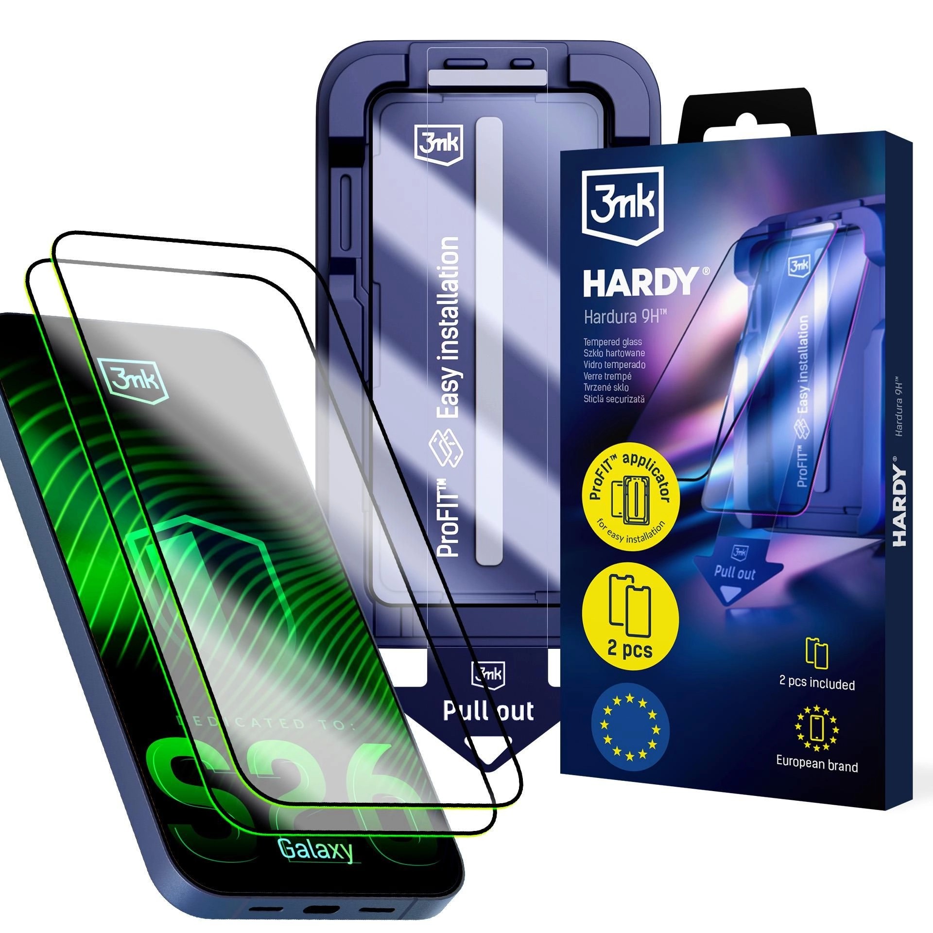 LCD tempered glass (2 pcs.) with applicator 3mk Hardy Hardura 9H Samsung S942 S26 melns