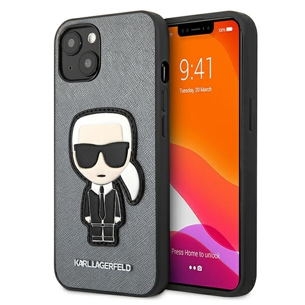 KARL LAGERFELD KLHCP13SOKPG IPHONE 13 MINI 5.4 "sudraba/sudraba maciņš SAFFIANO IKONIK KARL`S PATCH