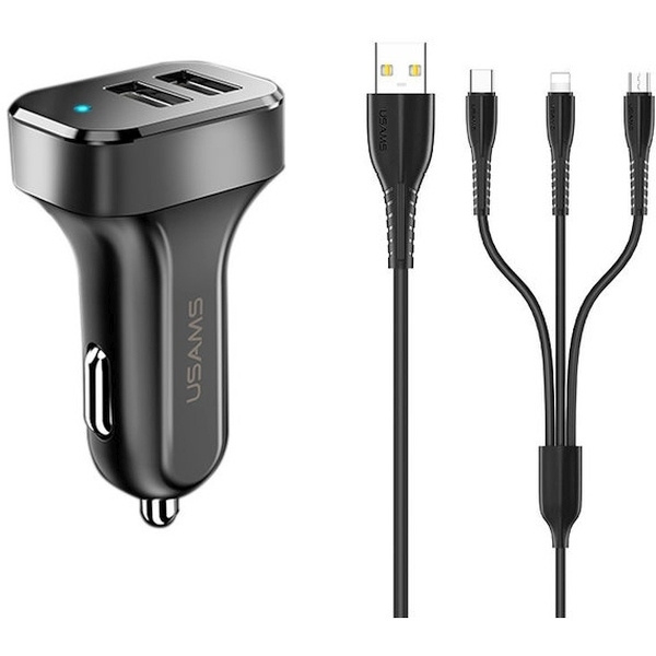 USAMS Auto lādētājs 2xUSB C13 2,1A 3w1 (microUSB/USB-C/lightning) melns NTU35YTSC13TZ