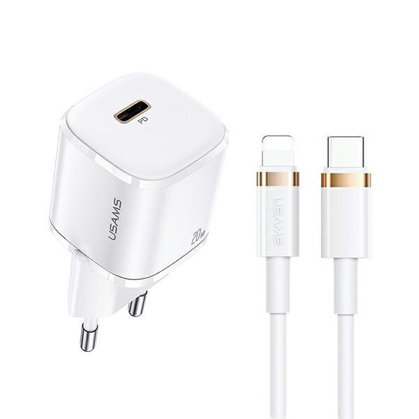 USAMS Tīkla lādētājs 1xUSB-C T36 mini 20W + Kabelis USB-C-Lightning balts PD3.0 Fast Charging XFKXLOGTL02 (US-CC124+US-SJ484)