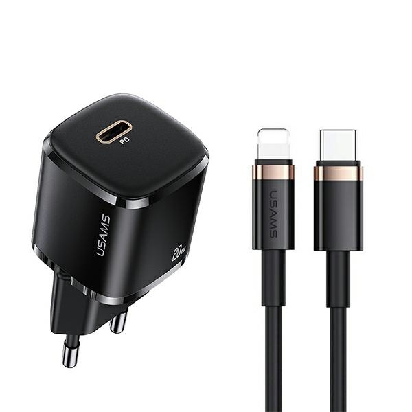 USAMS Tīkla lādētājs 1XUSB-C T36 MINI 20W + Kabelis USB-C-LIGHTNING melns PD3.0 FAST CHARGING XFKXLOGTL01 (US-CC124+US-SJ484)