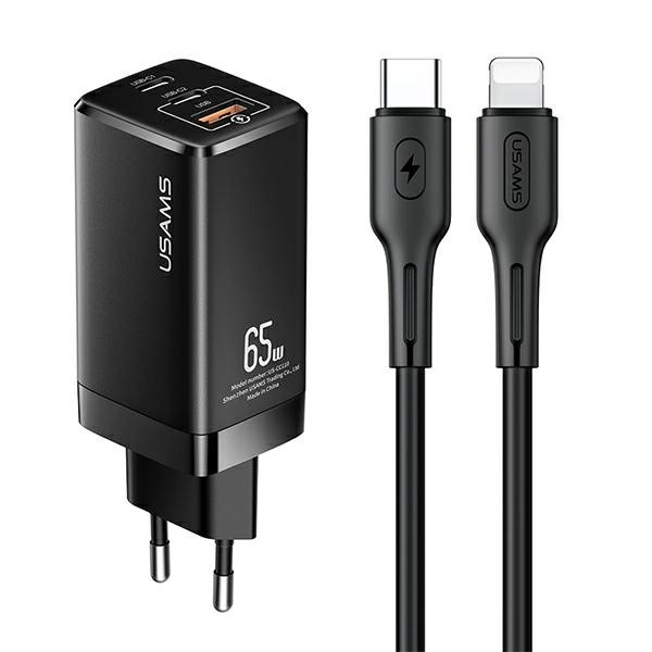 USAMS Tīkla lādētājs MT 2xUSB-C+USB GaN 65W T33 PD + Kabelis USB-C-Lightning 30W Fast Charging melns MTXLOGTL01