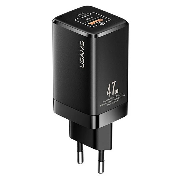 USAMS TĪKLA LĀDĒTĀJS T41 USB-C+USB GAN 47W PD+QC (ONLY HEAD) FAST CHARGING MELNS CC137TC01 (US-CC137)